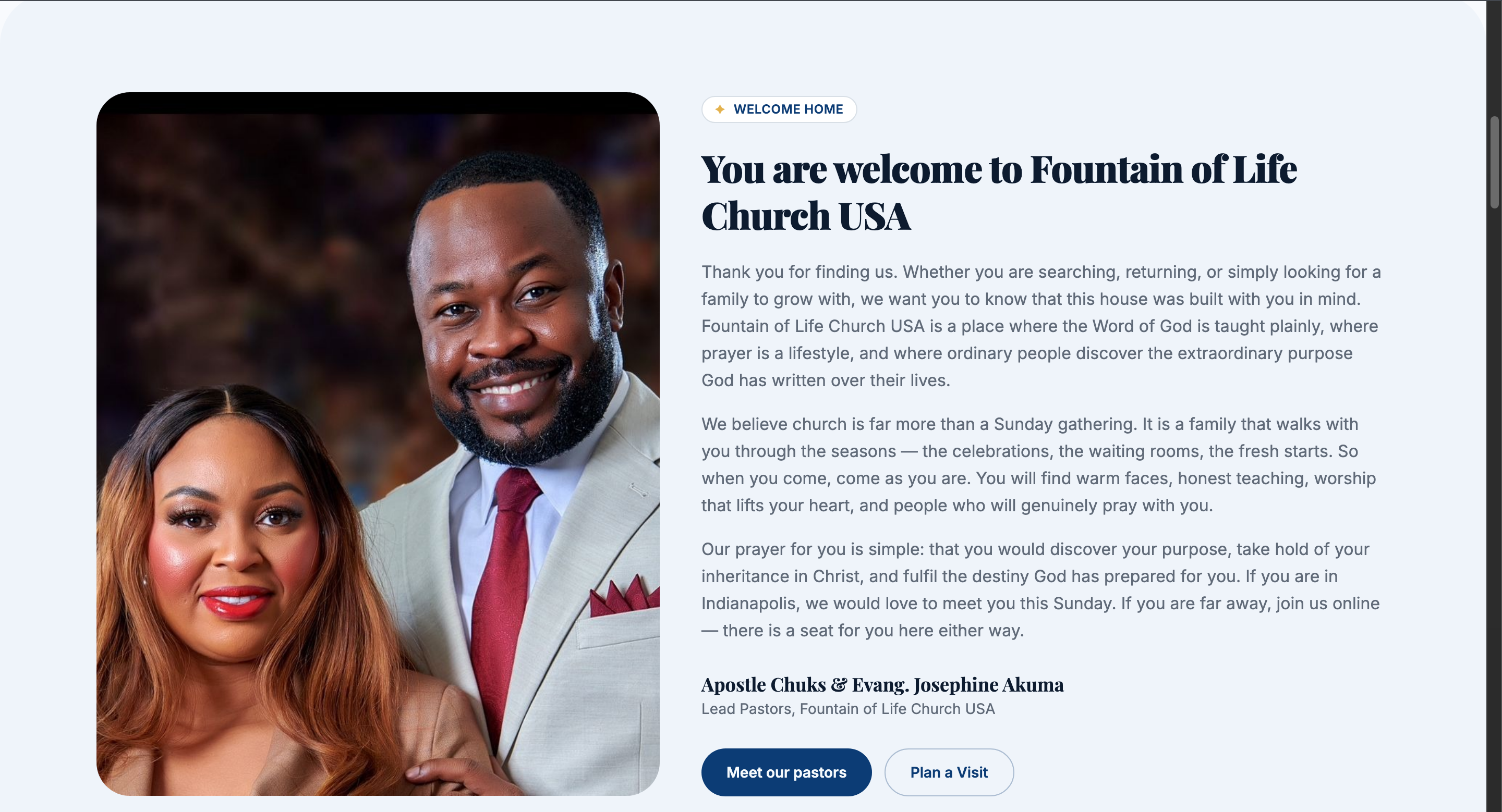 Desktop — Lead pastors & plan-a-visit CTA